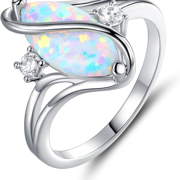 Rose Gold & White Gold Plated Created Ruby, White Fire Opal & Cubic Zirconia Acc - Picture 1 of 5